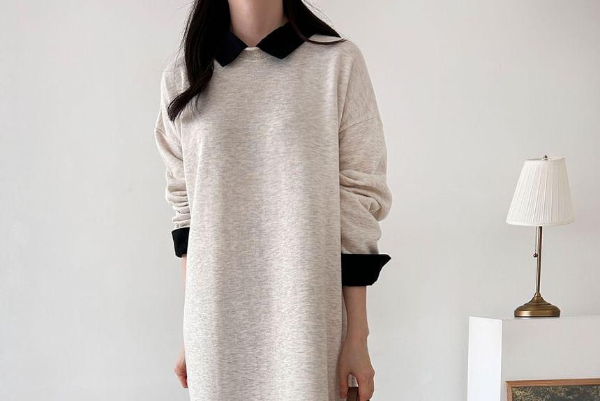 Long-Sleeve Two-Tone Loose-Fit Midi Polo Dress Product Image