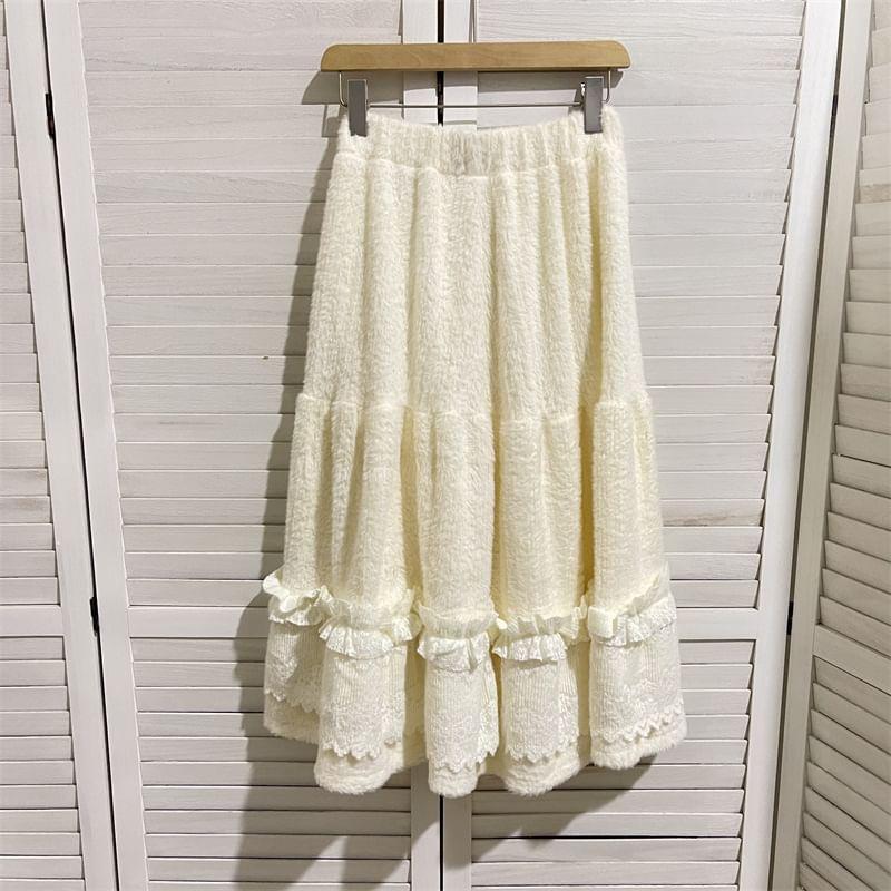 High Waist Plain Ruffle Trim Midi A-Line Skirt Product Image