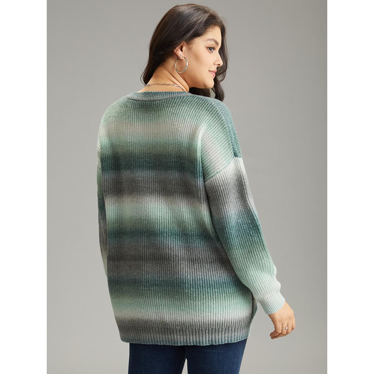 Plus Size Rainbow Ombre V Neck Loose Pullover Emerald Women Casual Loose Long Sleeve V-neck Everyday Pullovers BloomChic 26/4X Product Image