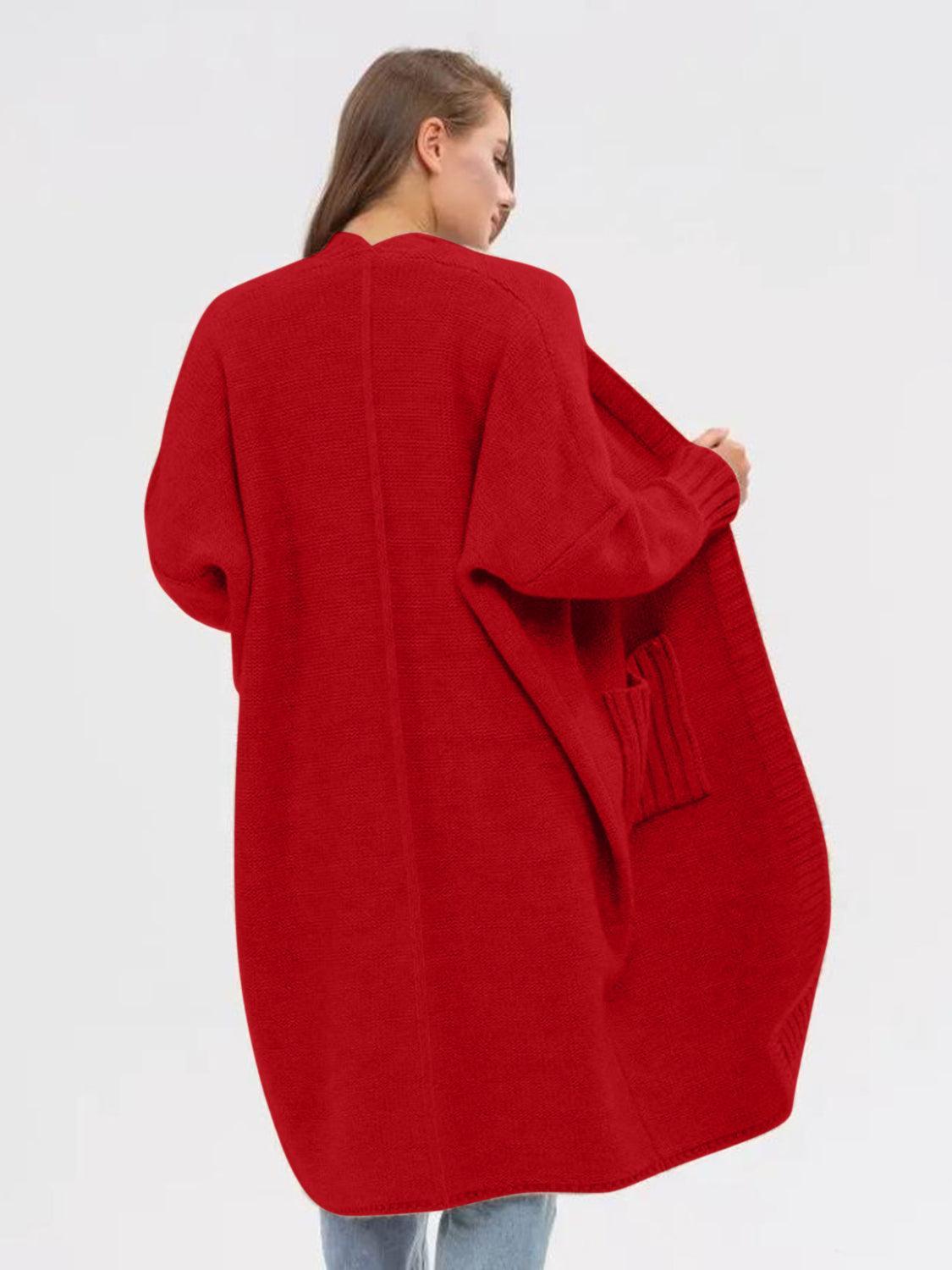 Pocketed Open Front Long Sleeve Longline Cardigan Product Image