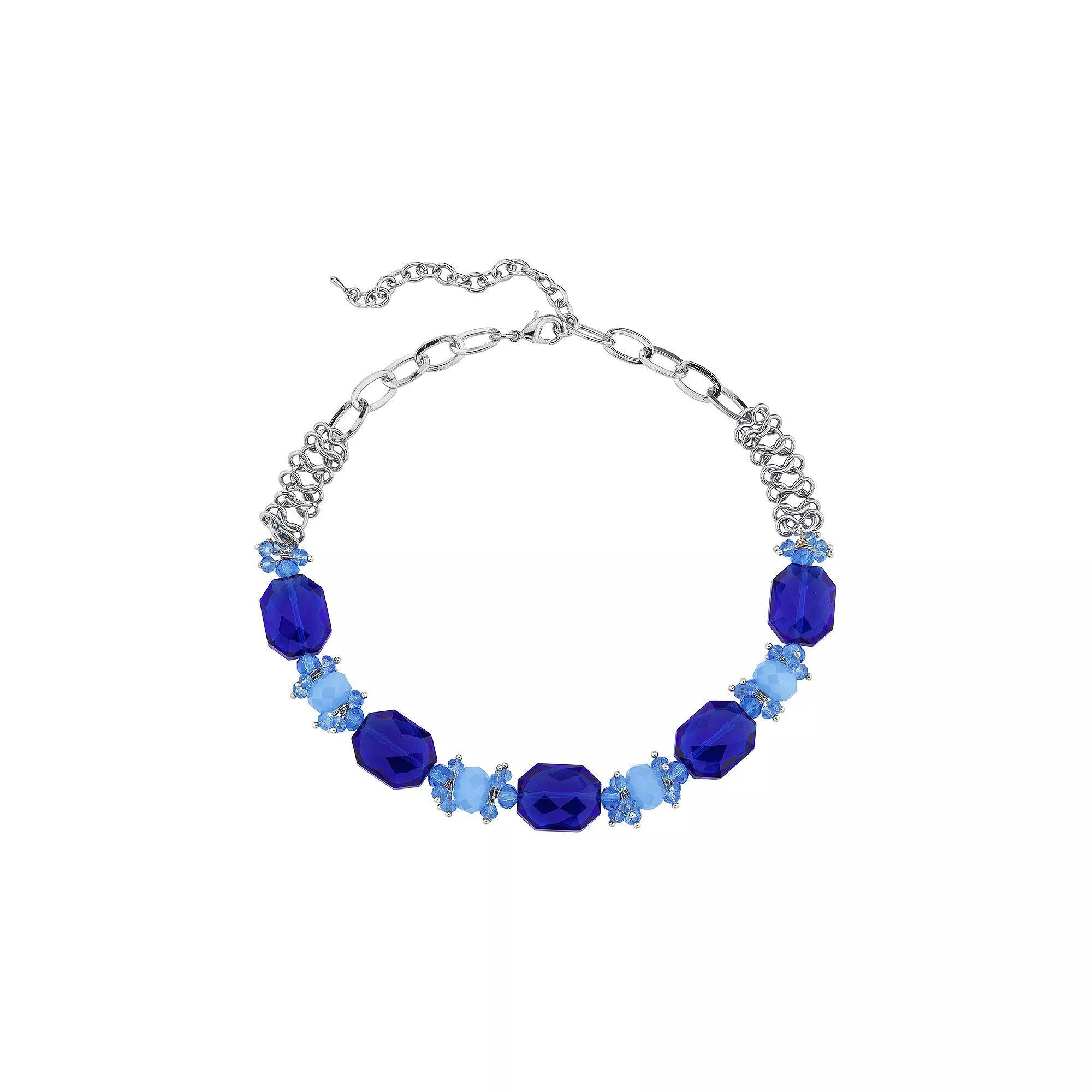 1928 Silver-Tone Bright Blue Beaded Necklace, Womens Product Image