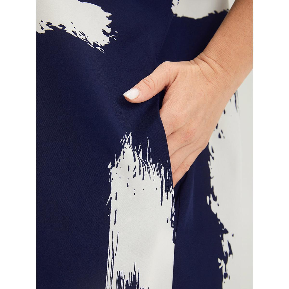 Plus Size Brush Print Keyhole Pocket Dolman Sleeve Dress Indigo Women Elegant Printed Keyhole Cut-Out Half Sleeve Curvy Knee Dress BloomChic 10/M Product Image