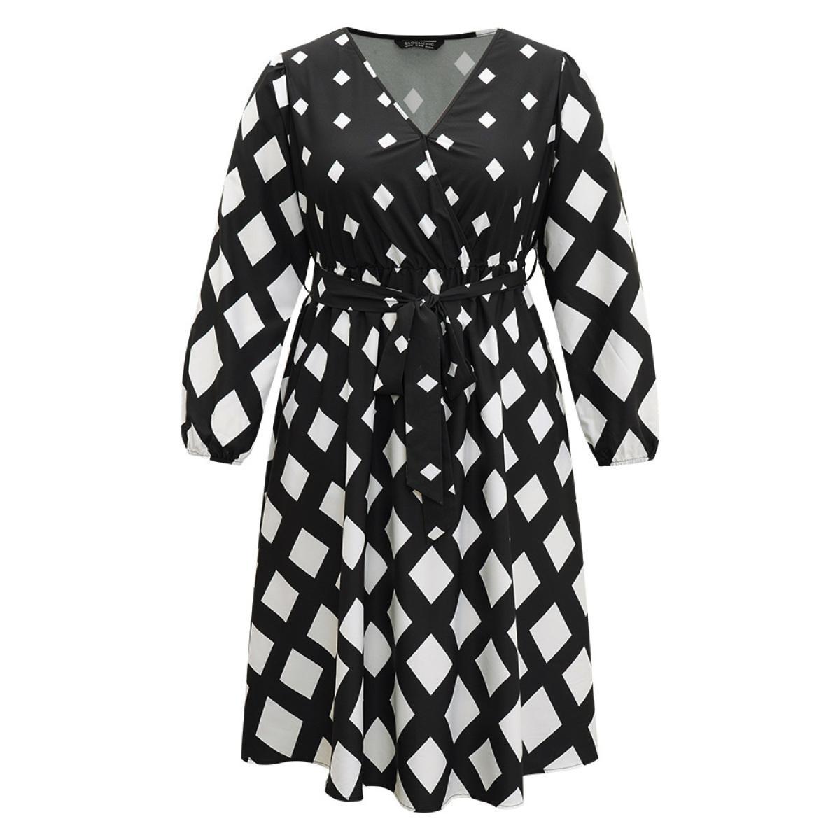 Plus Size Geometric Print Belted Lantern Sleeve Dress BlackFlower Women Office Elastic cuffs V-neck Long Sleeve Curvy Midi Dress BloomChic 30/6X Product Image
