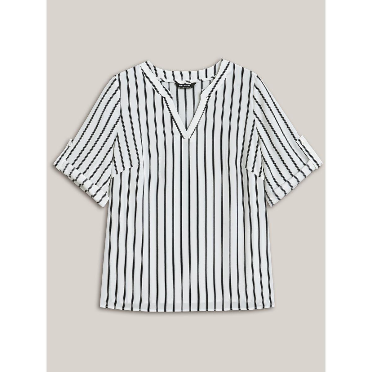 Plus Size WhiteSmoke Notched Collar Striped Tab Sleeve Shirt Women At the Office Elbow-length sleeve Notched collar Work Blouses BloomChic 26/4X Product Image