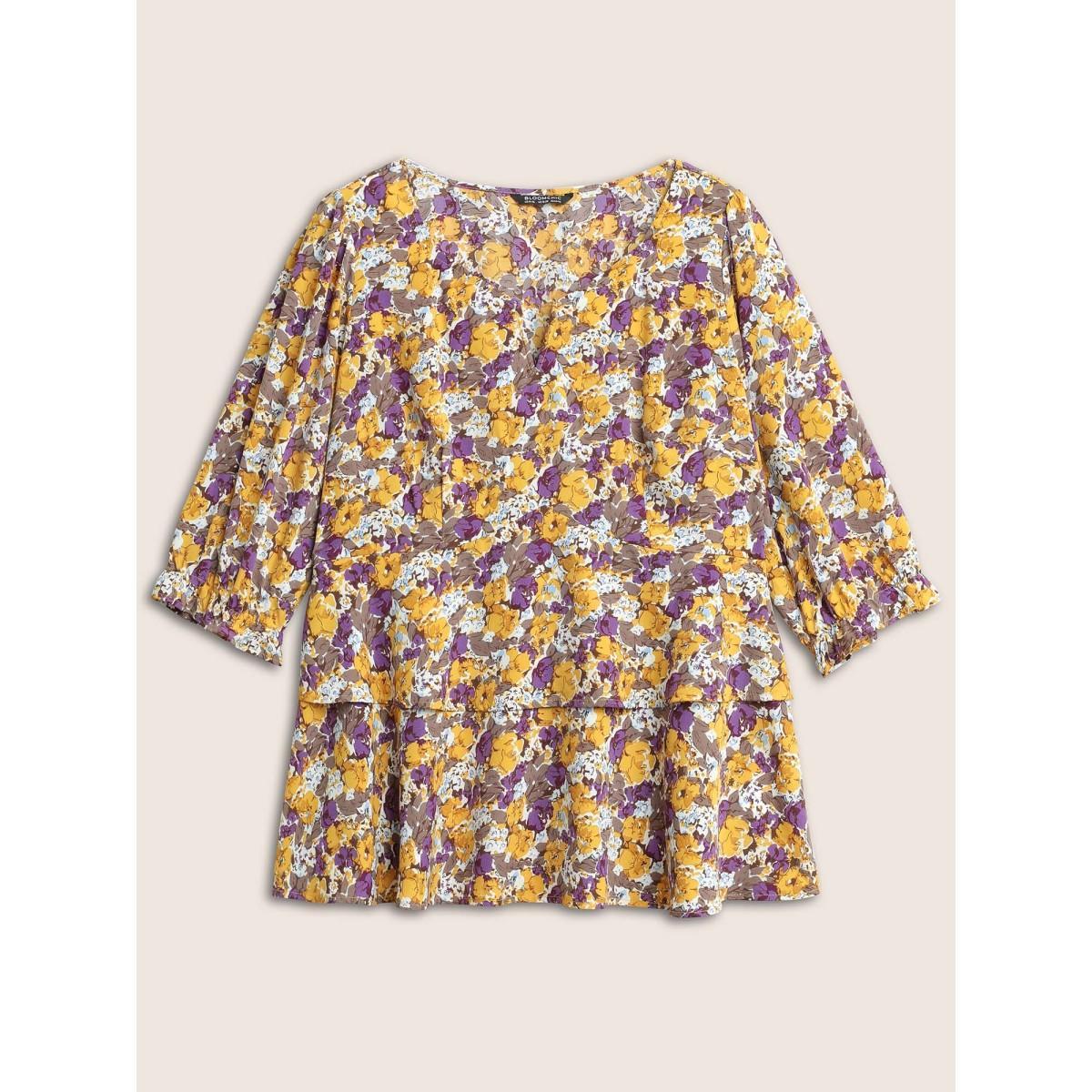 Plus Size Apricot Floral Allover Print Ruffles Tiered Hem Blouse Women Elegant Elbow-length sleeve Notched collar Everyday Blouses BloomChic 10/M Product Image