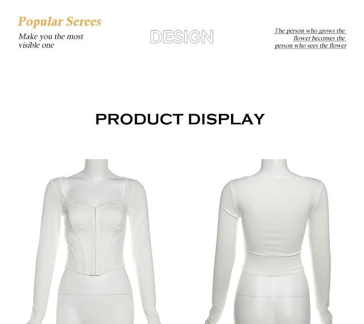 Long-Sleeve Plain Lace Trim Cropped Bustier Top Product Image