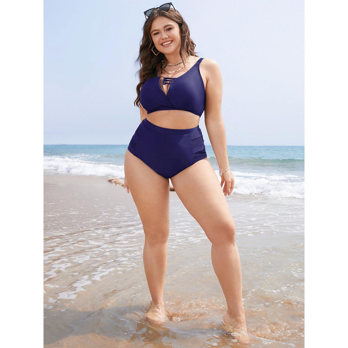 Plus Size Plain Mesh Insert Swim Bottoms Women's Swimwear Indigo Vacation Plain High stretch Skinny High Rise Curve Swim Bottoms BloomChic 26/4X Product Image