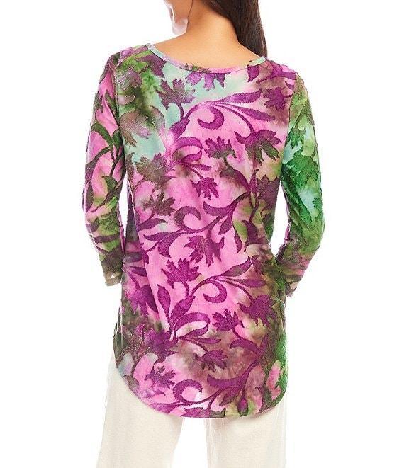 Karen Kane Knit Tie-Dye Burnout Floral Print Scoop Neck 3/4 Sleeve Top Product Image