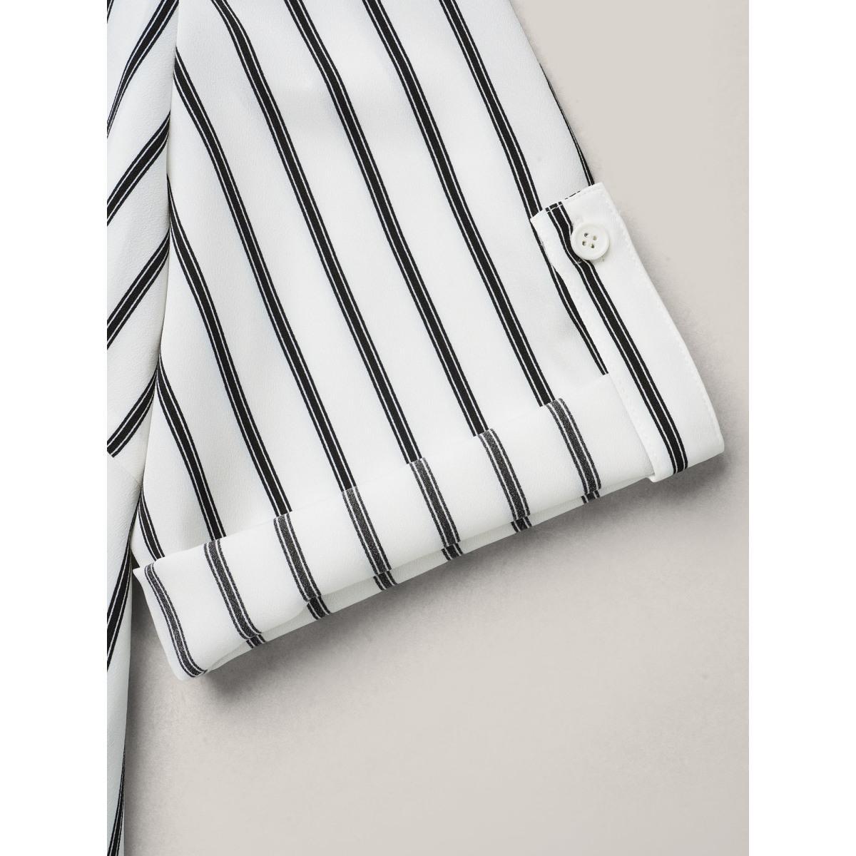Plus Size WhiteSmoke Notched Collar Striped Tab Sleeve Shirt Women At the Office Elbow-length sleeve Notched collar Work Blouses BloomChic 26/4X Product Image