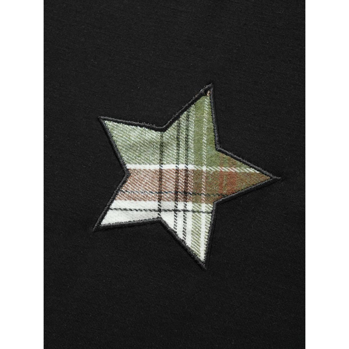 Plus Size Star Embroidered Patch Round Neck T-shirt Black Women Casual Contrast Star and moon Round Neck Everyday T-shirts BloomChic 30/6X Product Image