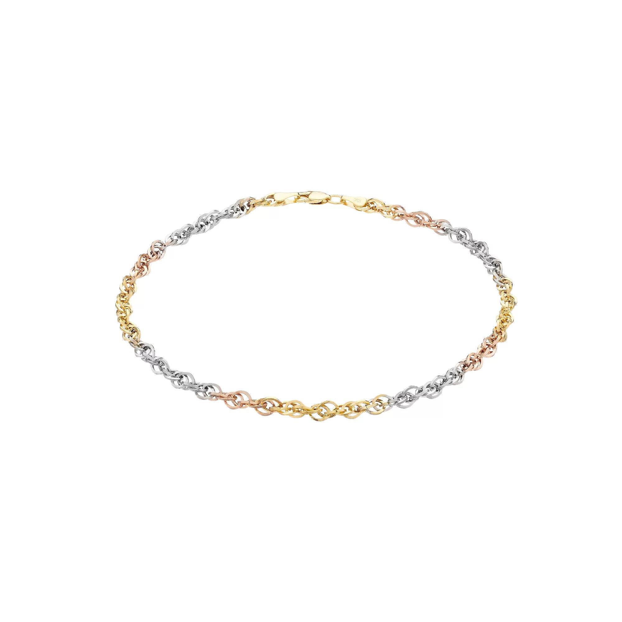 Au Naturale Tri-Tone 10k Gold Double Link Cable Chain Anklet, Womens 10k  Tone Product Image