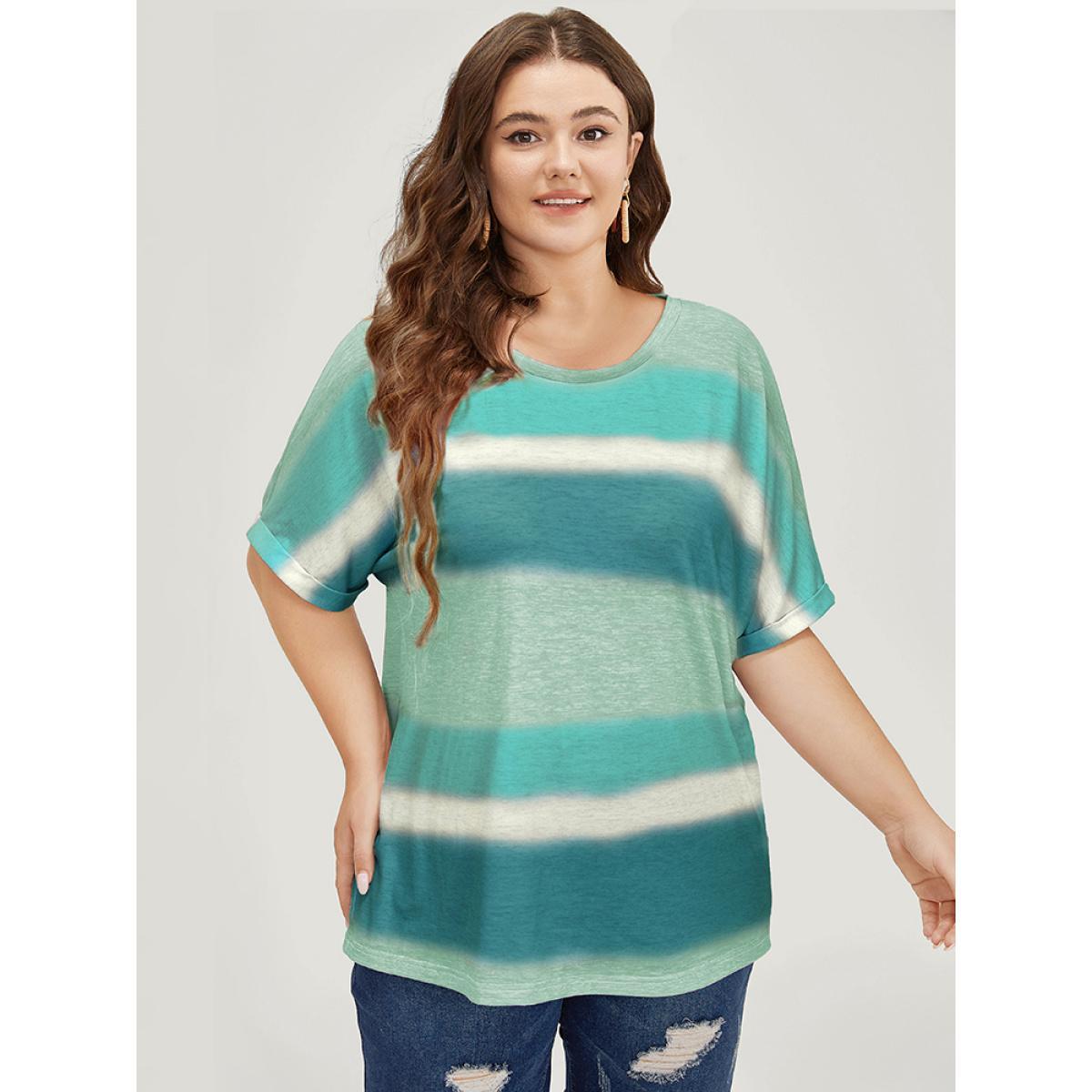Plus Size Striped Contrast Roll Dolman Sleeve T-shirt Teal Women Casual Contrast Striped Round Neck Everyday T-shirts BloomChic 12/L Product Image