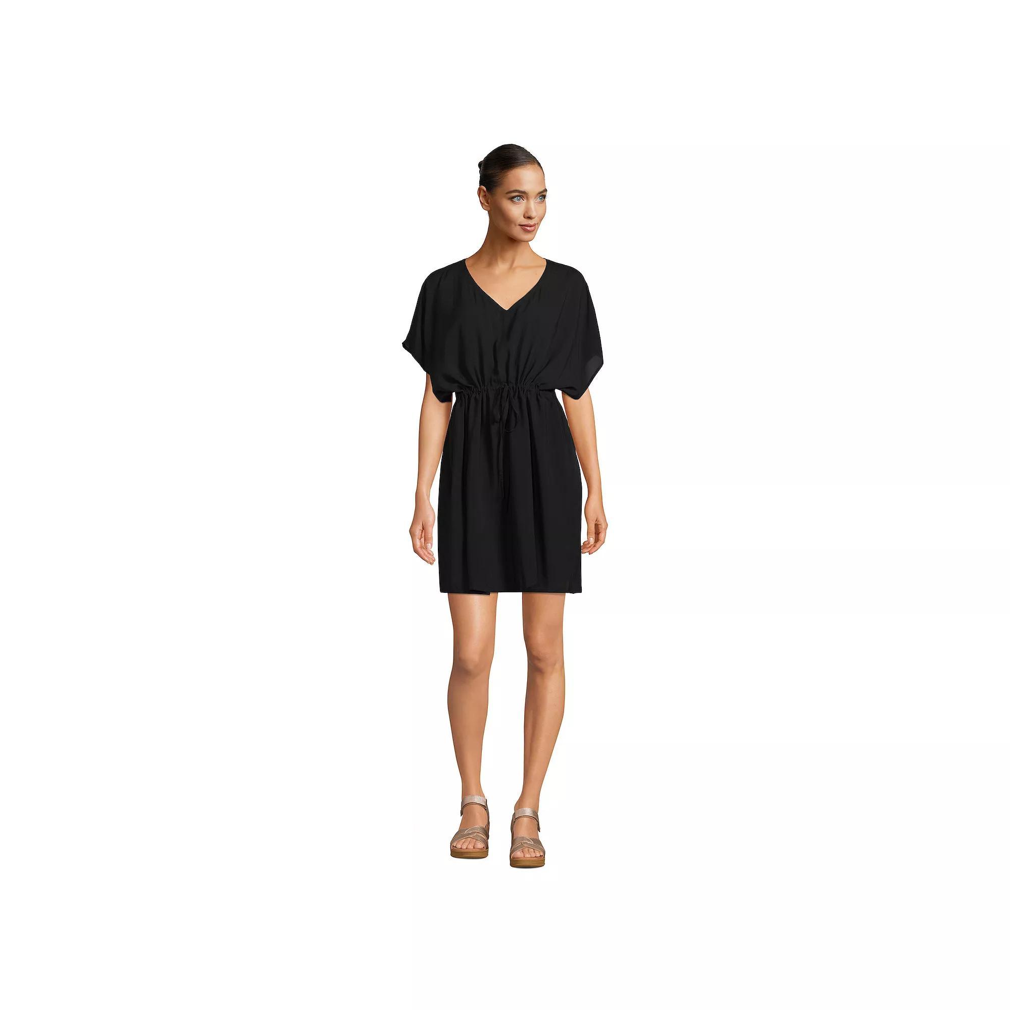Petite Lands End Short Sleeve Gathered Waist Swim Cover-up Dress, Womens Product Image