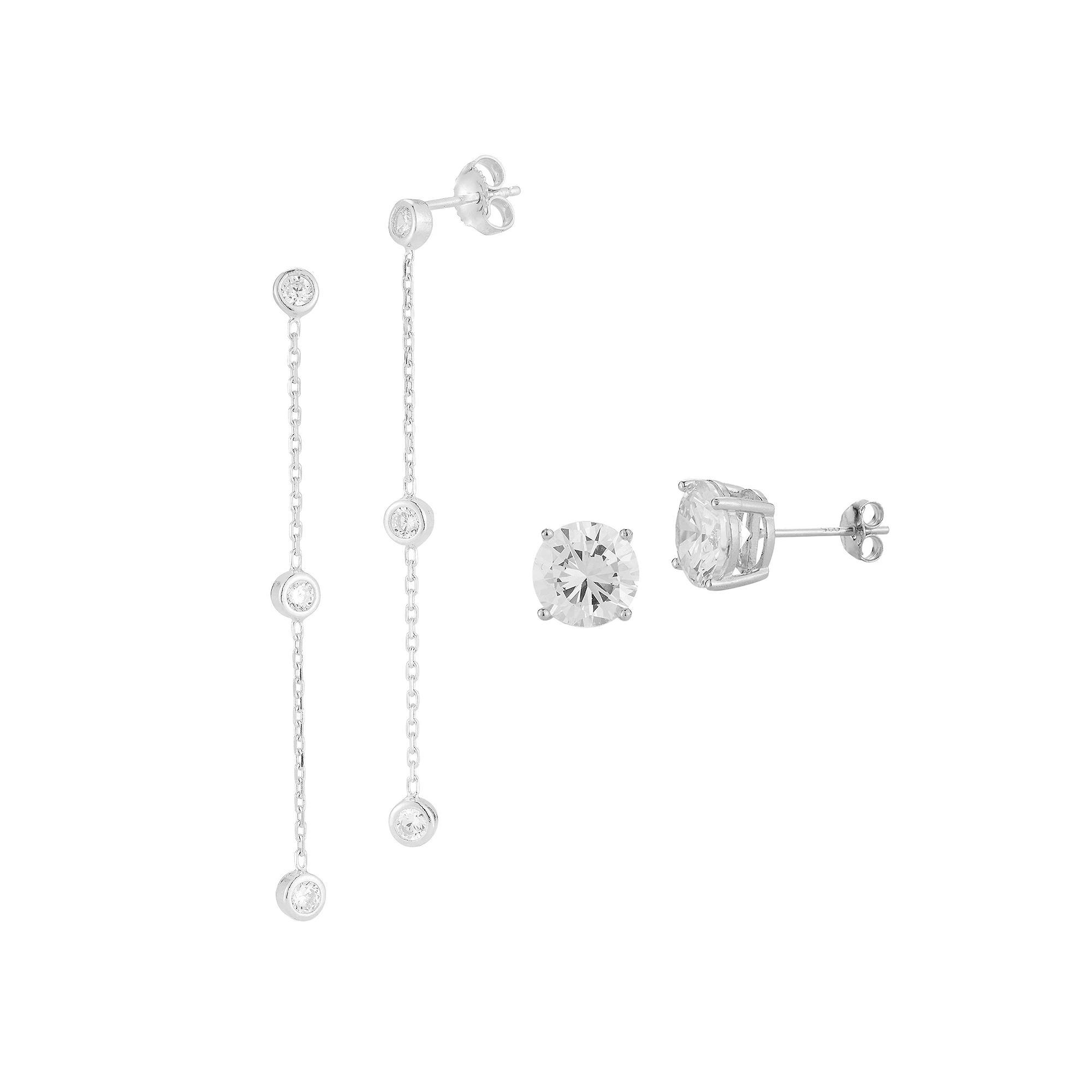 Sunkissed Sterling Sterling Silver Cubic Zirconia Drop & Stud Earring Duo Set, Women's, Silver Tone Product Image