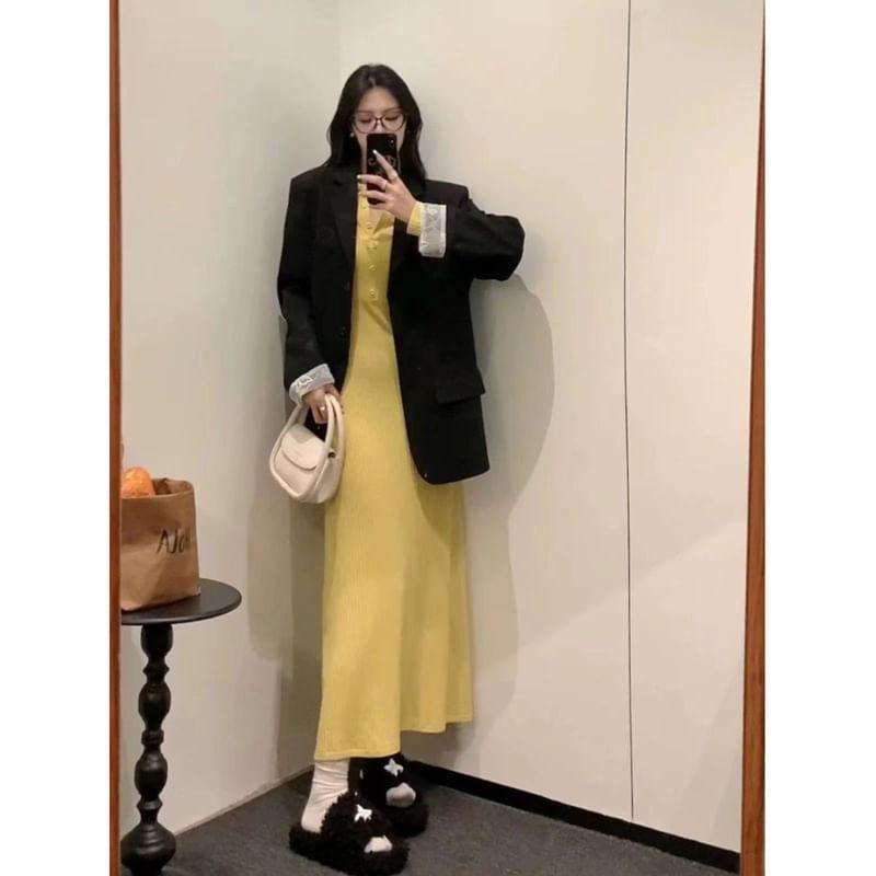 Long-Sleeve Henley Ribbed Midi A-Line Knit Dress Product Image