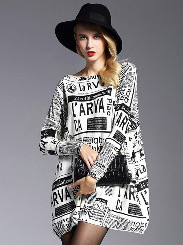 Vintage Loose One-Shoulder Newspaper Printed Split-Joint Sweater Product Image