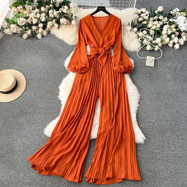 Puff-Sleeve V-Neck Plain Tie Waist Pleated Hem Wide Leg Jumpsuit Product Image