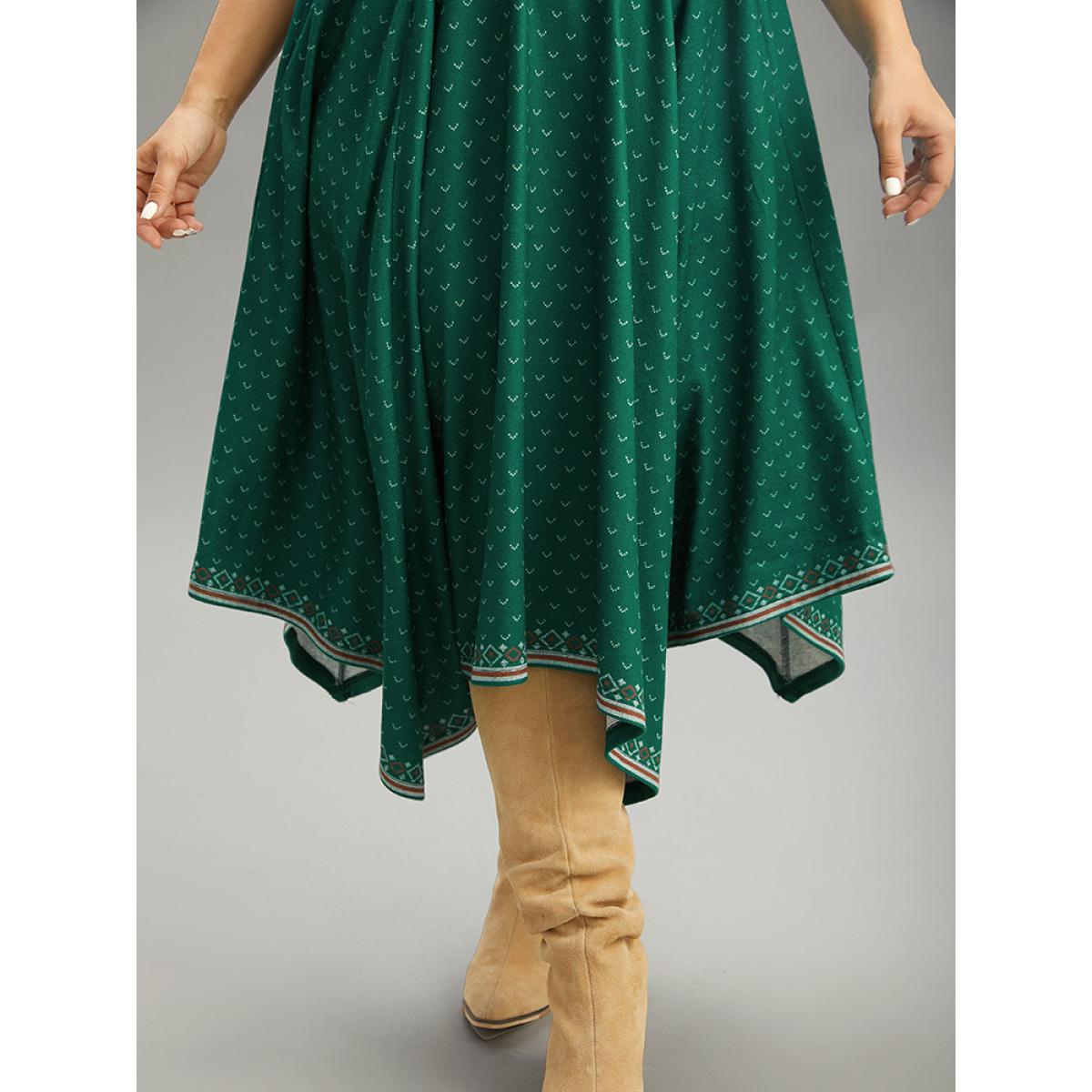Plus Size Christmas Elk Elastic Waist Hanky Hem Dress Cyan Women Casual Printed Round Neck Half Sleeve Curvy Midi Dress BloomChic 12/L Product Image