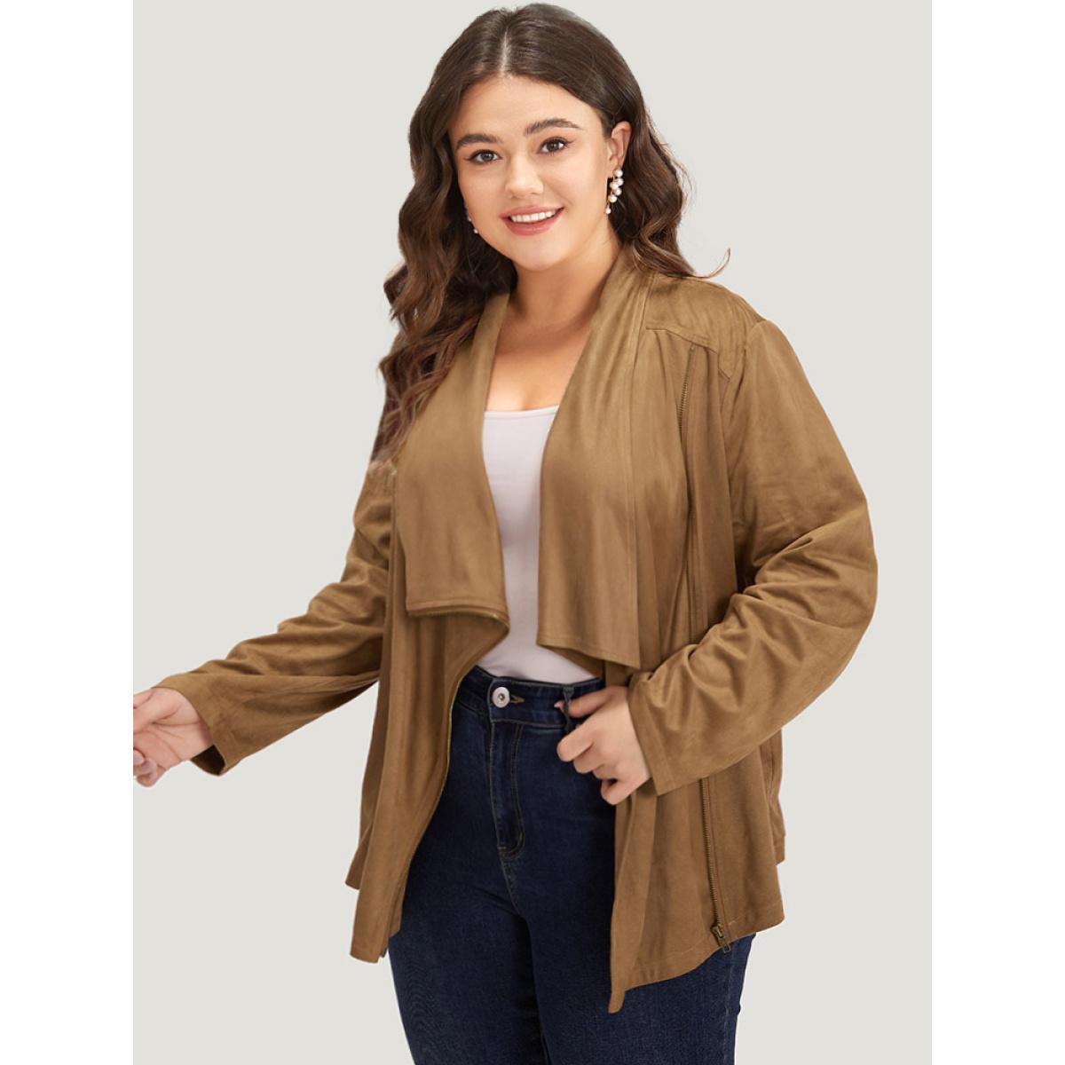 Plus Size Plain Zipper Lapel Collar Jacket Women Bronze Casual Plain Ladies Dailywear Winter Coats BloomChic 22-24/3X Product Image