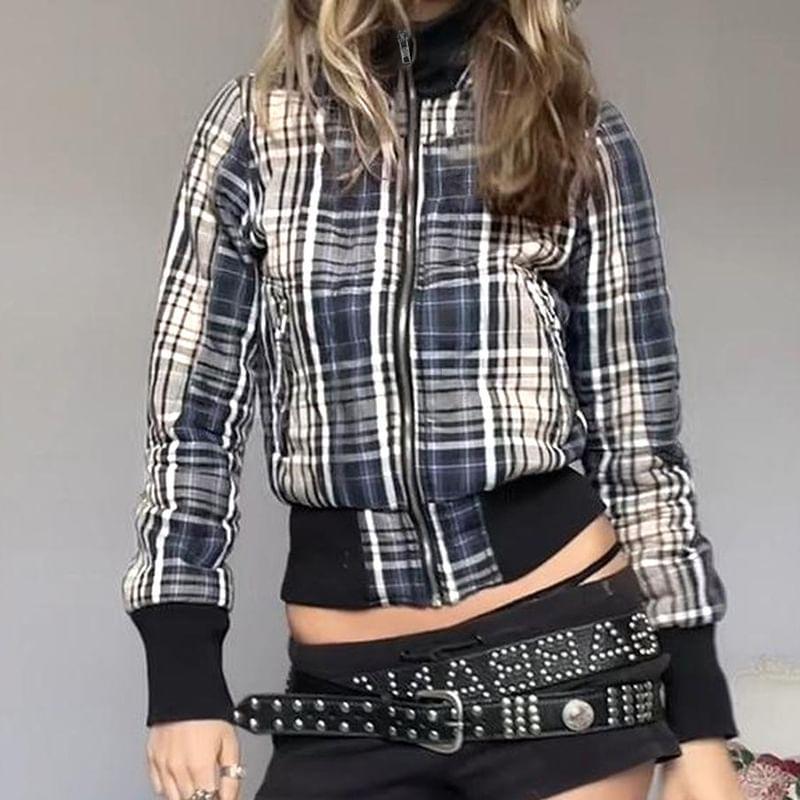 Stand Collar Plaid Zip Bomber Jacket Product Image