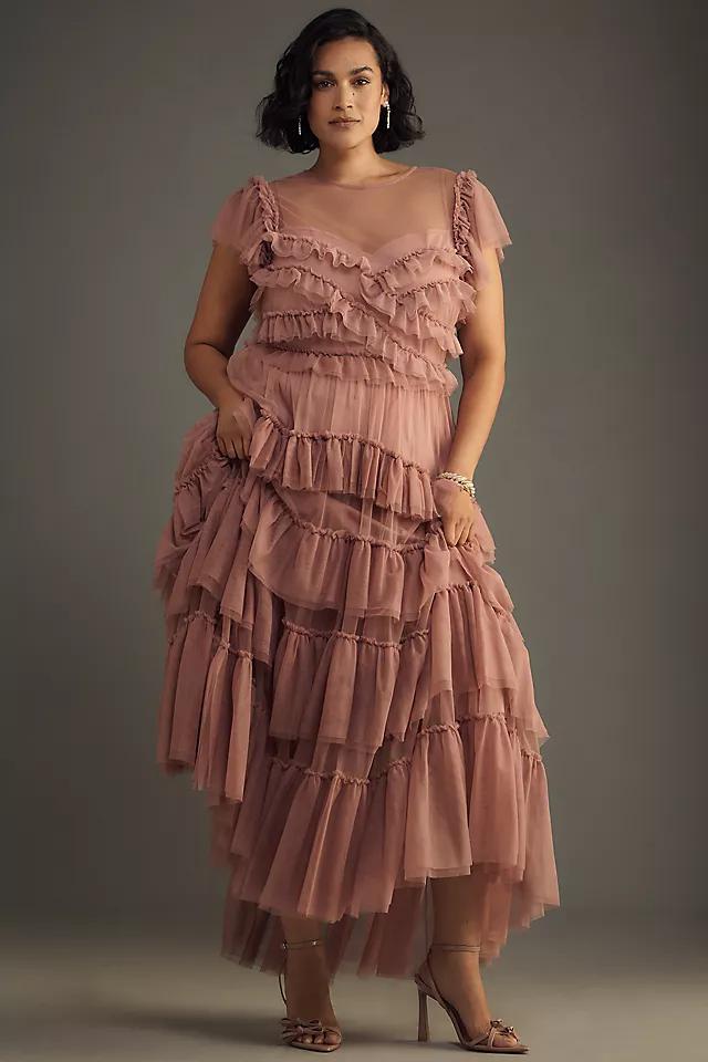 By Anthropologie Ruffle-Sleeve Tiered Tulle Midi Dress Product Image