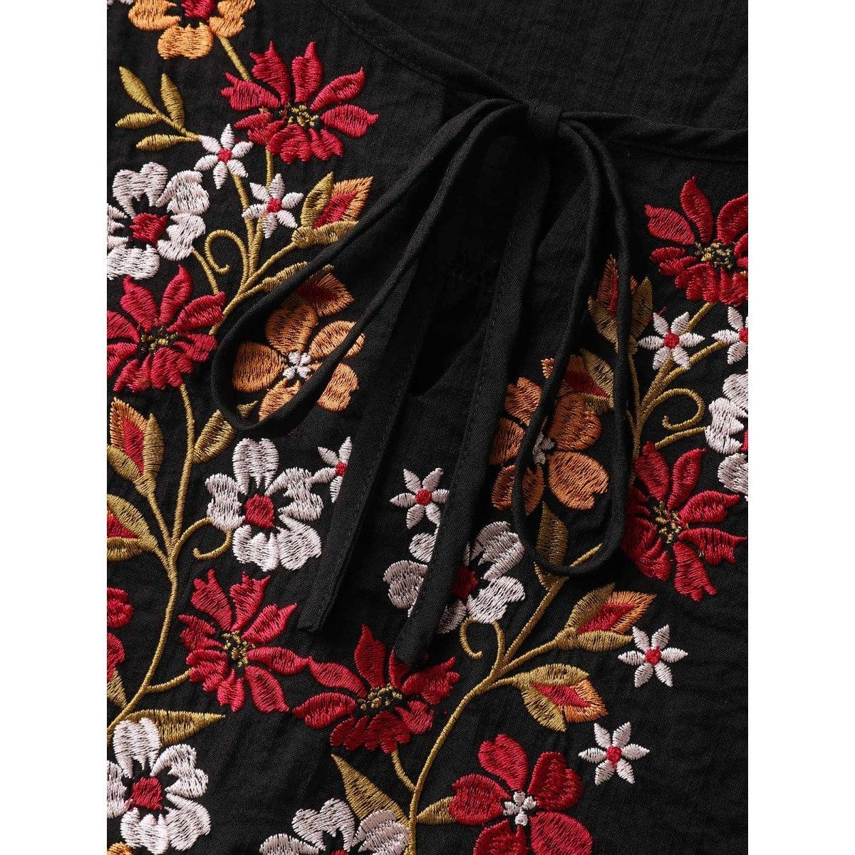 Plus Size Black Floral Embroidered Tie Knot Lantern Sleeve Blouse Women Resort Elbow-length sleeve V-neck Vacation Blouses BloomChic 18-20/2X Product Image