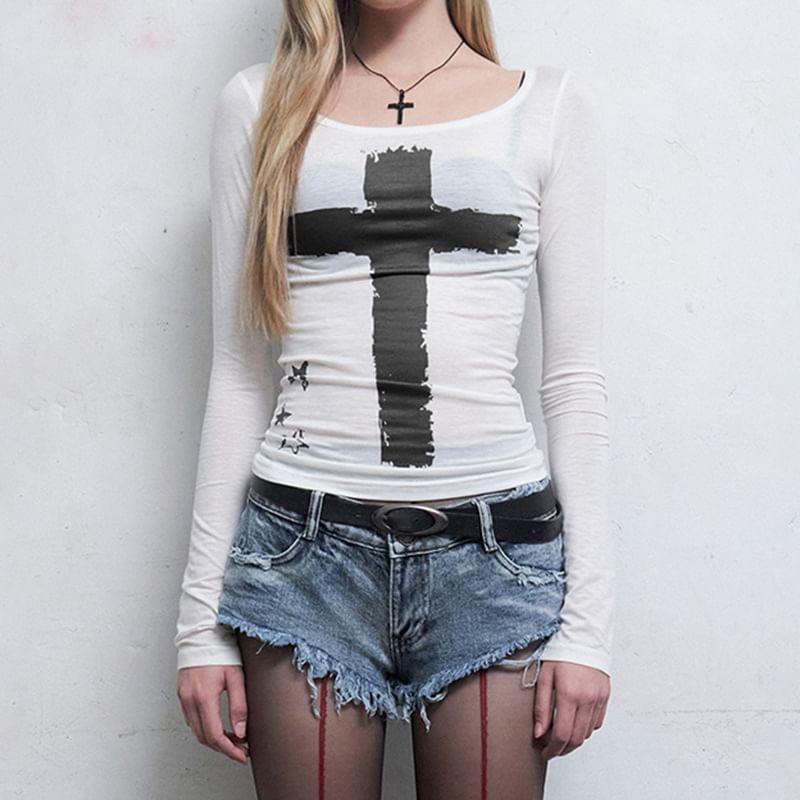 Long Sleeve Star & Cross Print See-Through Slim-Fit T-Shirt Product Image