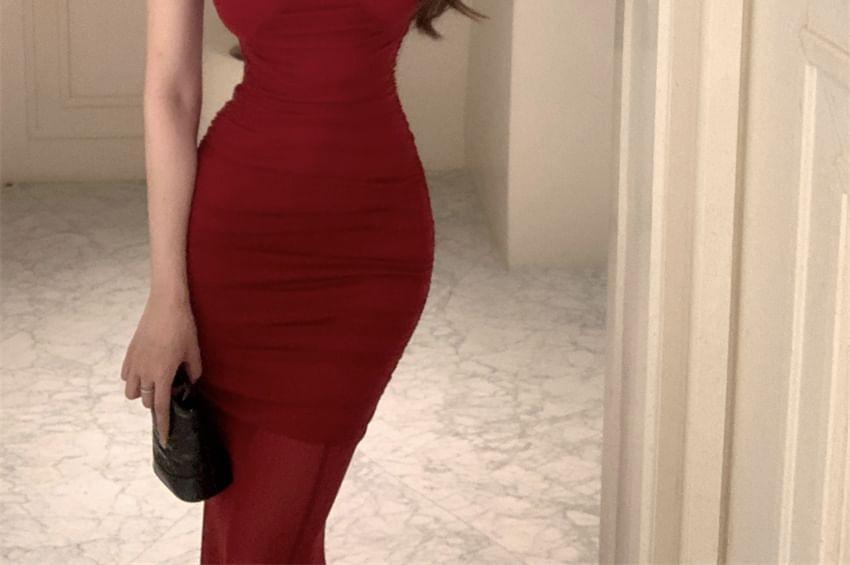 Halter Plain Ruched Maxi Mermaid Dress Product Image