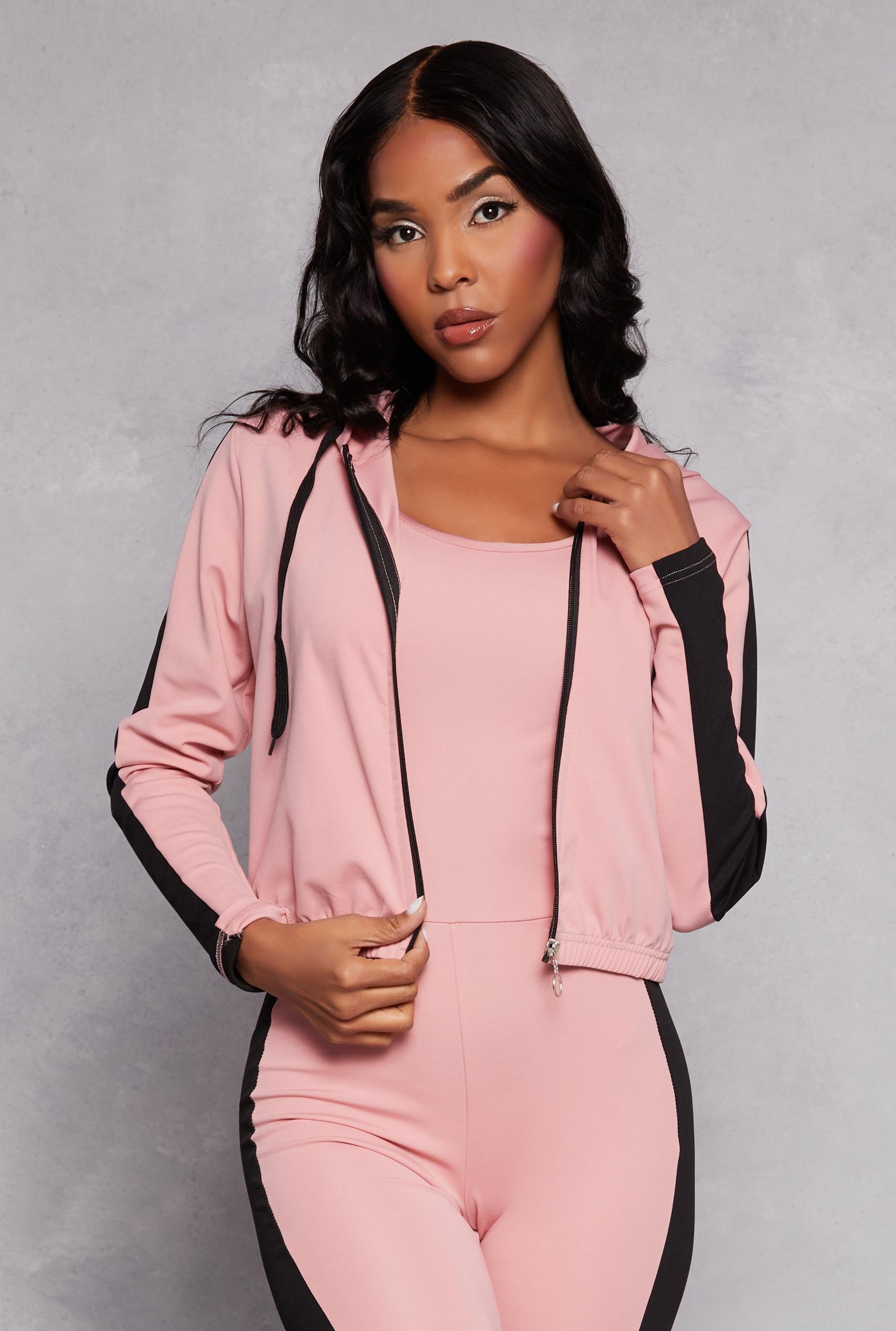 Womens Color Block Zip Front Cropped Hoodie Product Image