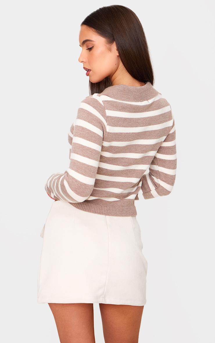 Petite Taupe Knitted Stripe Collar Detail Long Sleeve Top Product Image