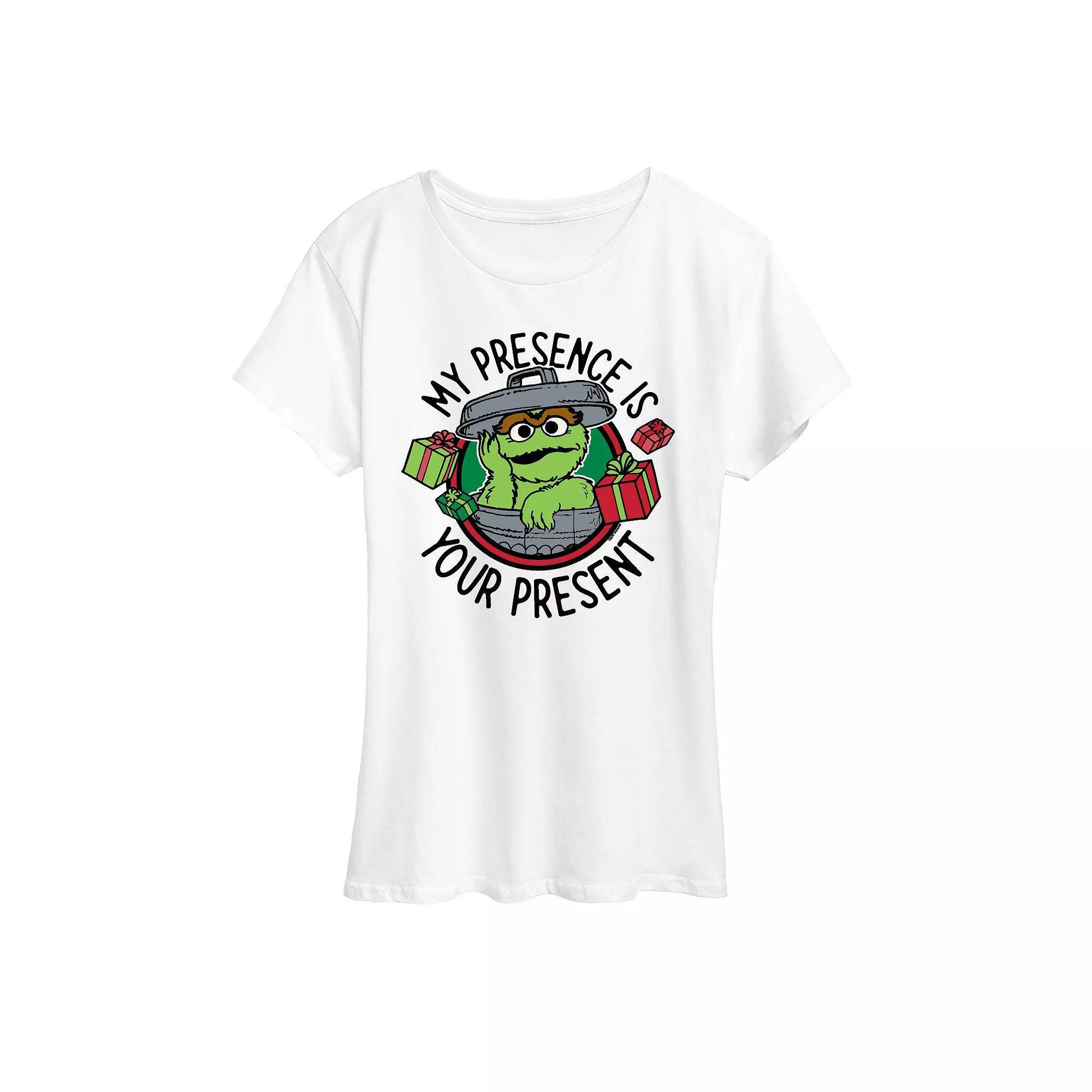 Women's Sesame Street Oscar My Presence Christmas Graphic Tee, Size: Large, White Product Image