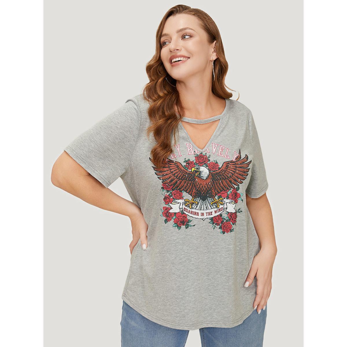 Plus Size Eagle & Floral Print Keyhole Neck T-shirt Gray Women Casual Keyhole Western Dailywear T-shirts BloomChic 14-16/1X Product Image