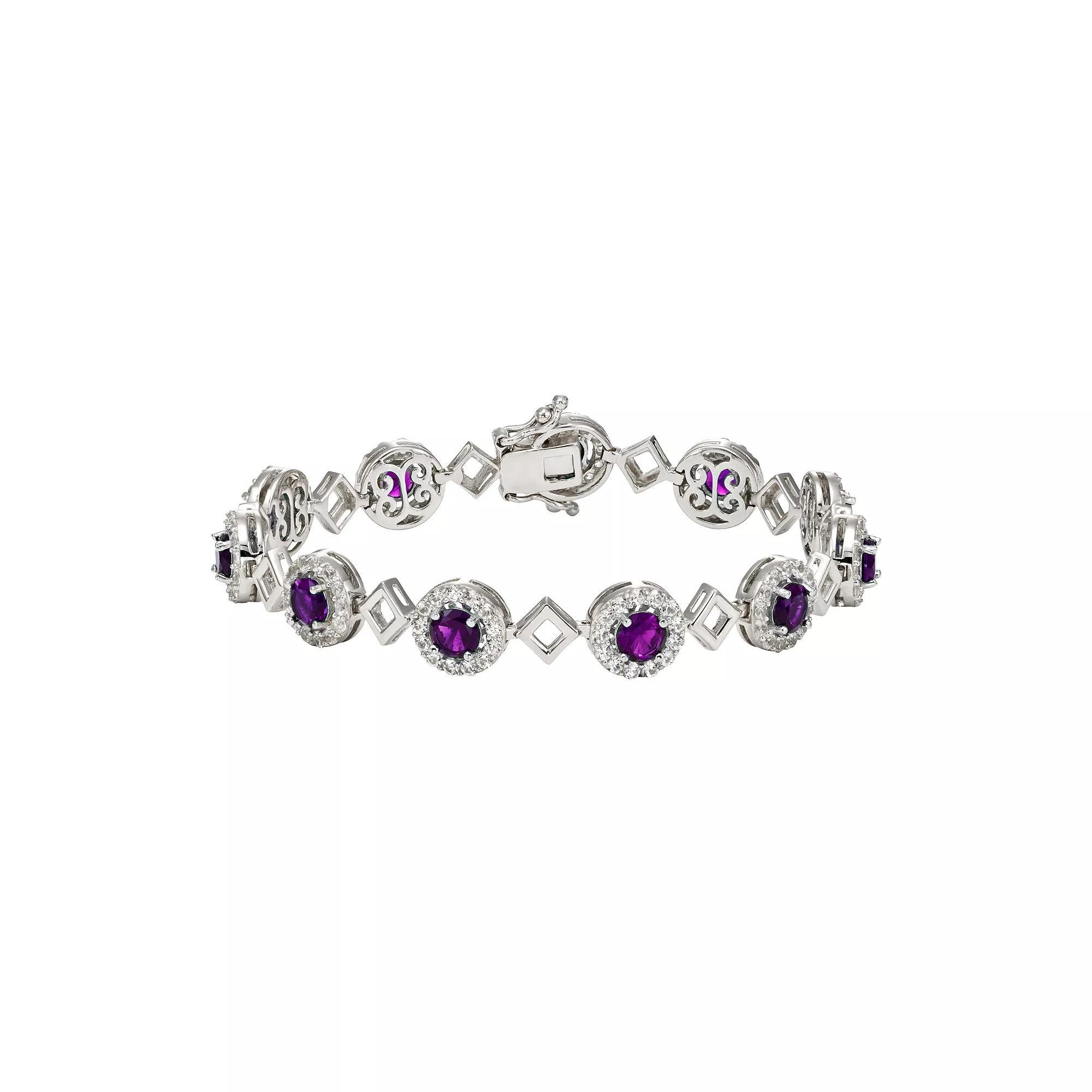 Sterling Silver Amethyst & Lab-Created White Sapphire Halo Link Bracelet, Womens Product Image