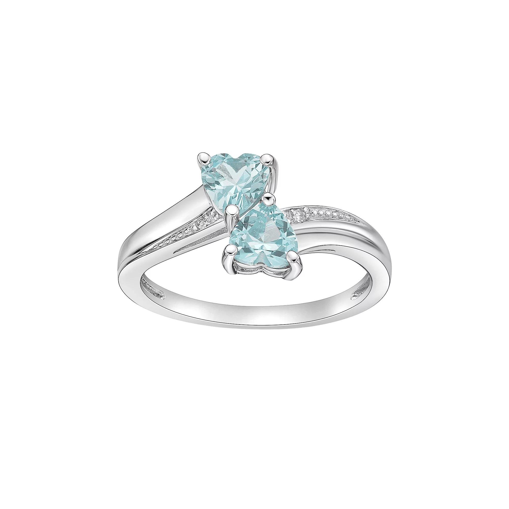 Gemminded Sterling Silver Gemstone & Diamond Accent Double Heart Bypass Ring, Womens Created Aquamarine Product Image