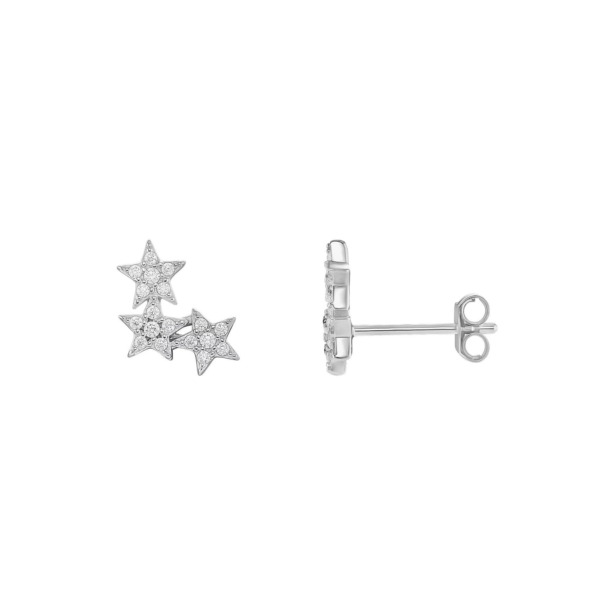 PRIMROSE Sterling Silver Pave Cubic Zirconia Triple Star Crawler Stud Earrings, Women's, Silver Tone Product Image
