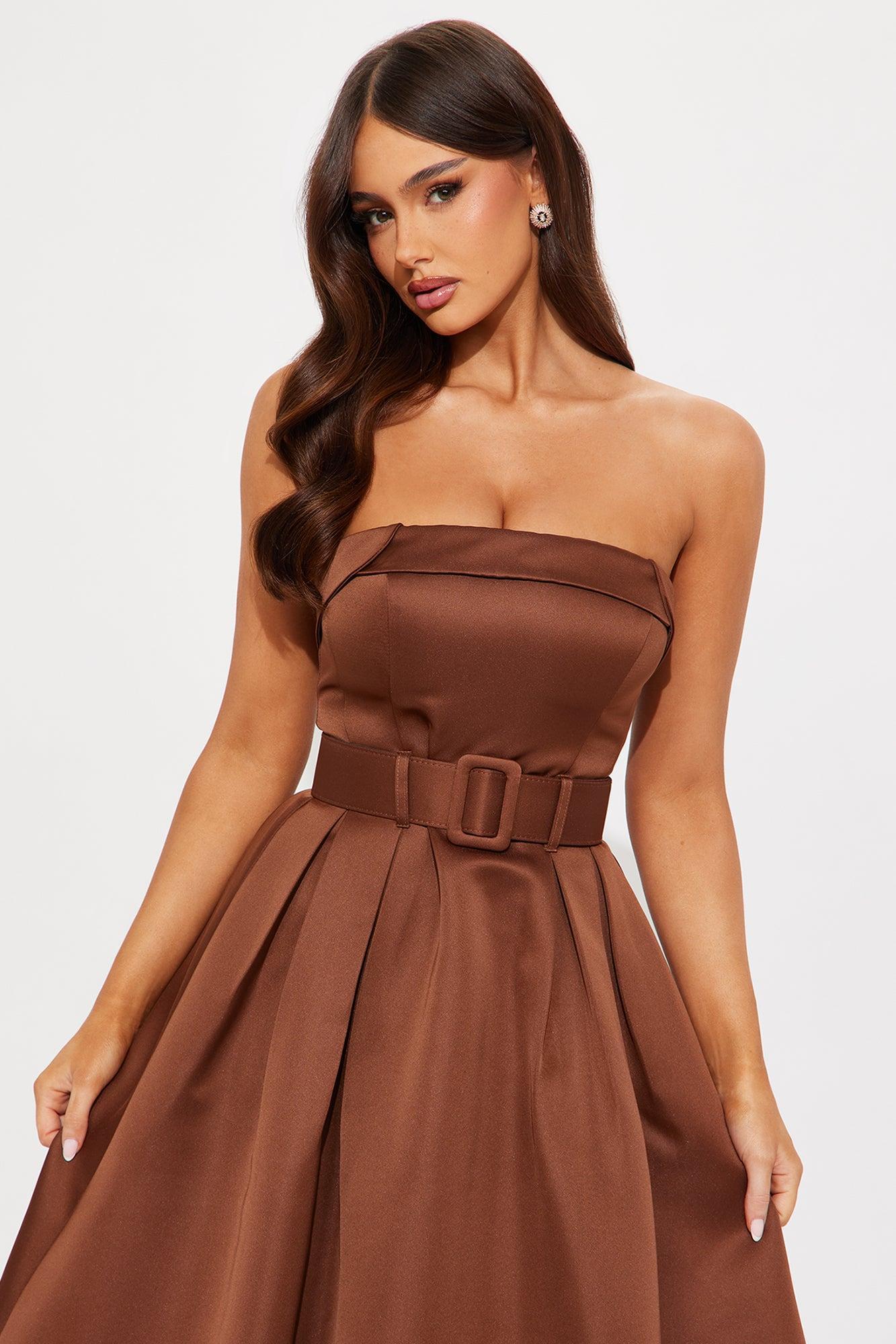 Arabella Belted Satin Midi Dress - Chocolate Product Image