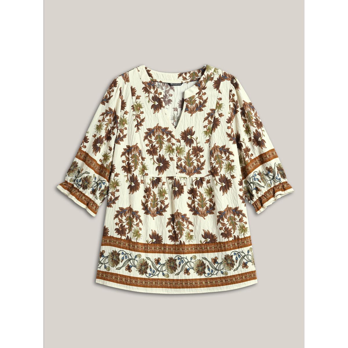 Plus Size Ivory Floral Print Notched Collar Shirt Women Elegant Elbow-length sleeve Notched collar Everyday Blouses BloomChic 30/6X Product Image