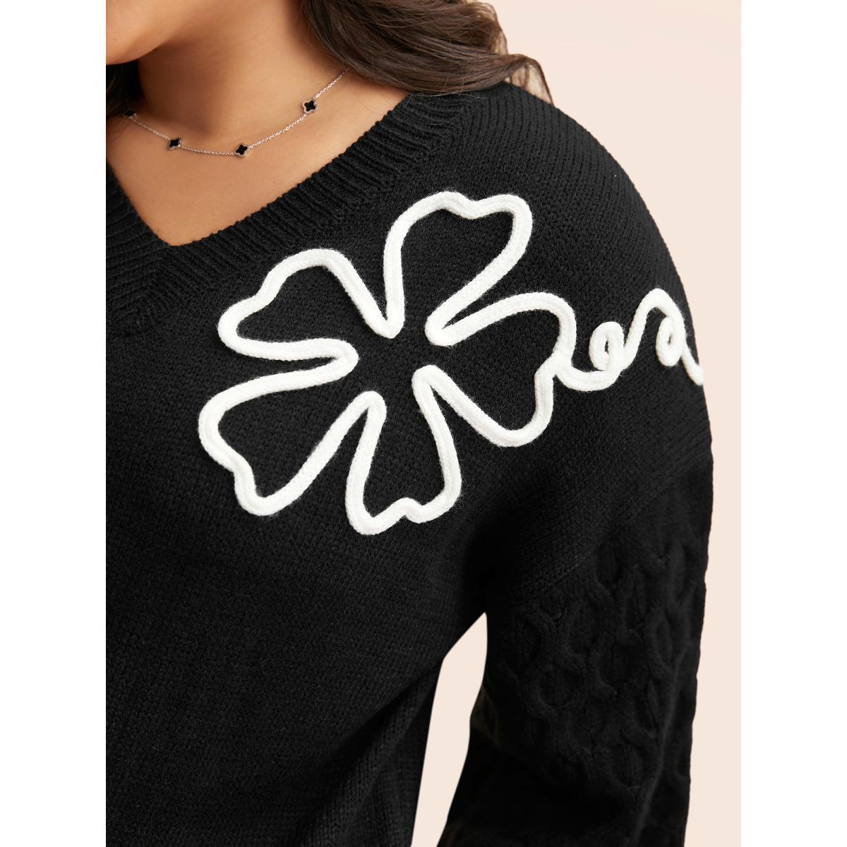 Plus Size Crochet Floral Texture V Neck Pullover Black Women Casual Loose Long Sleeve V-neck Everyday Pullovers BloomChic 30/6X Product Image