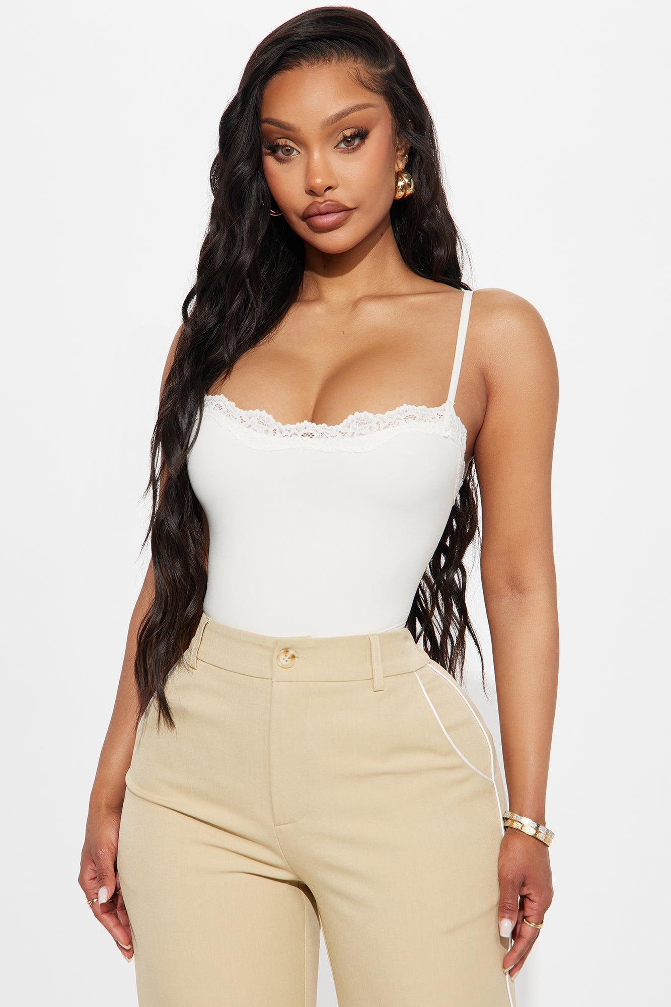 Buttery Soft Lace Trim Thong Cami Bodysuit - White Product Image