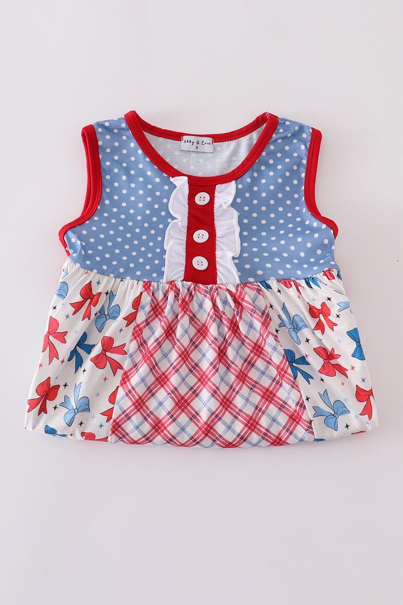 Blue bow print ruffle dress Product Image
