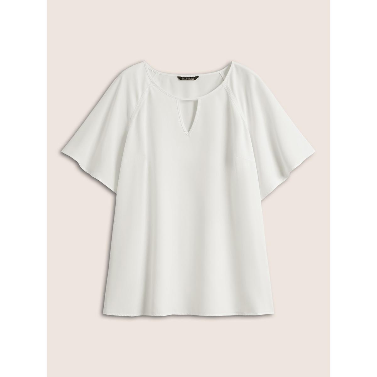 Plus Size Ivory Solid Lace Panel Keyhole Ruffle Sleeve Blouse Women Work From Home Short sleeve Round Neck Work Blouses BloomChic 12/L Product Image