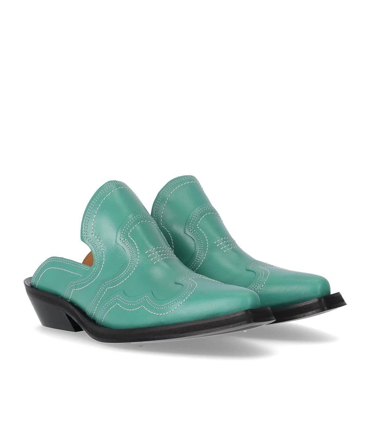 GANNI Embroidered Western Mules In Green Product Image