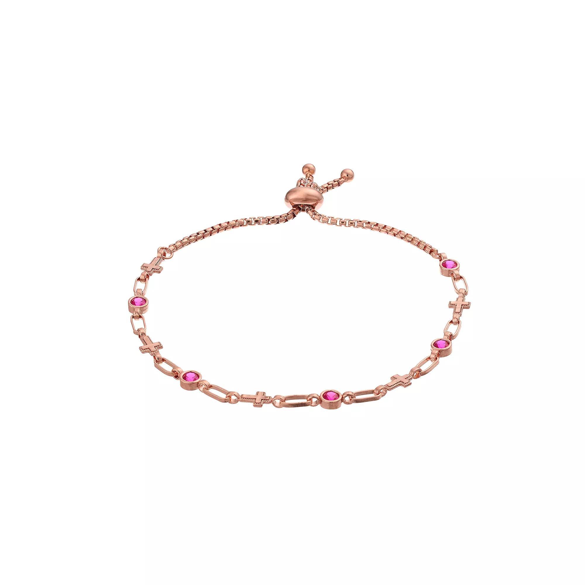 Kristen Kesho Sterling Silver Lab-Created Ruby & Cross Link Adjustable Bolo Bracelet, Women's, Size: 9.50, Pink Tone Product Image