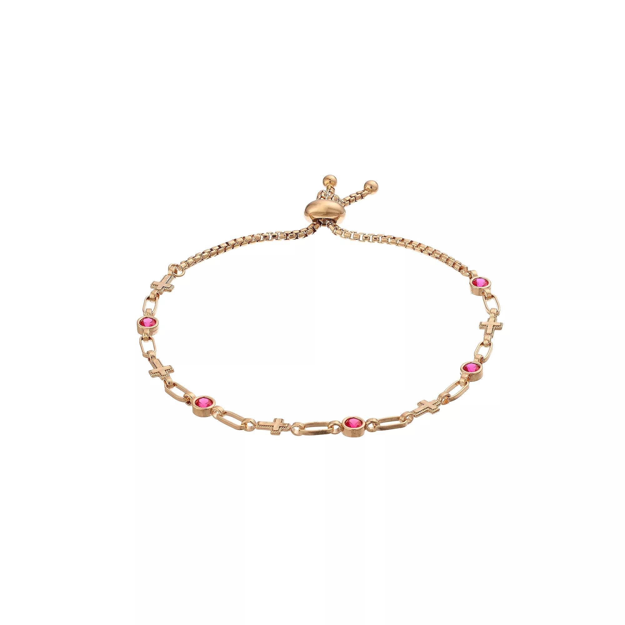 Kristen Kesho Sterling Silver Lab-Created Ruby & Cross Link Adjustable Bolo Bracelet, Women's, Size: 9.50, Pink Tone Product Image