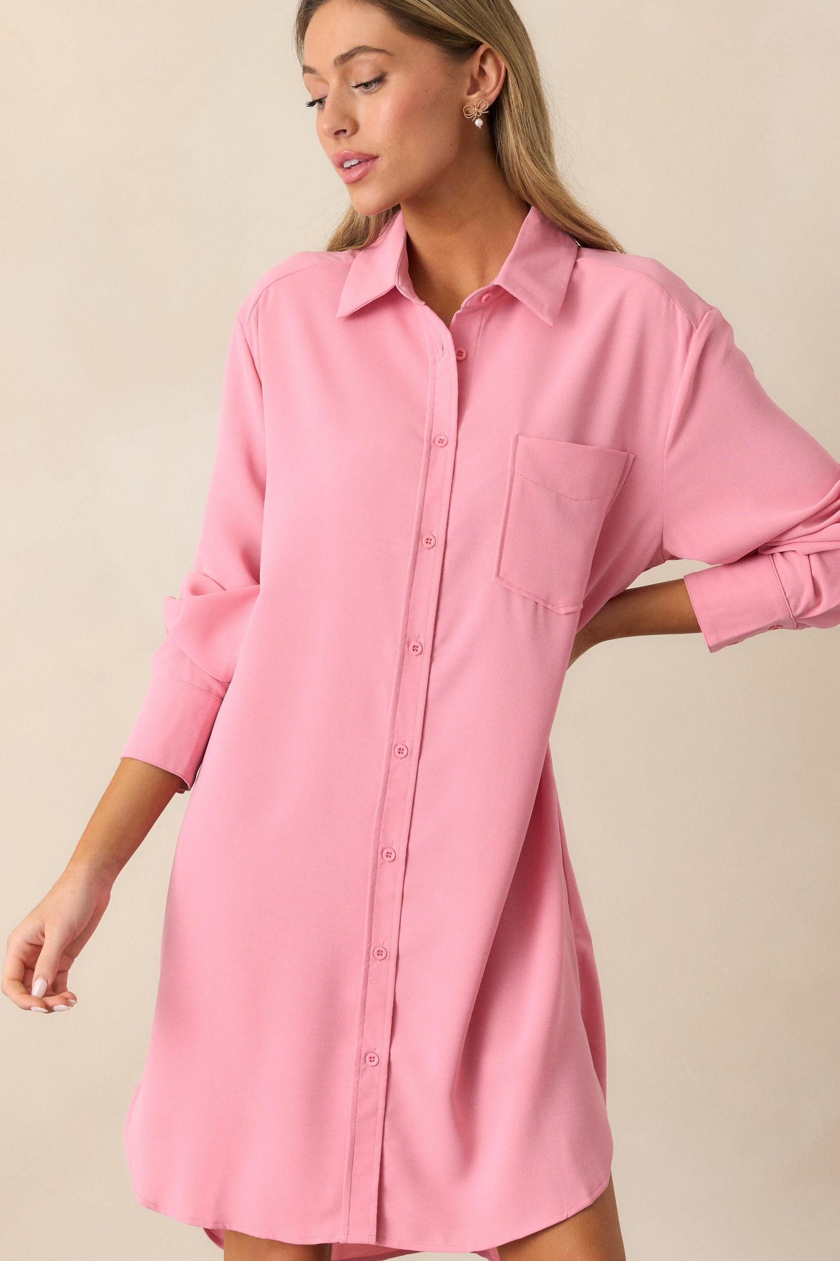 Finding Comfort Pink Button Front Mini Shirt Dress Product Image