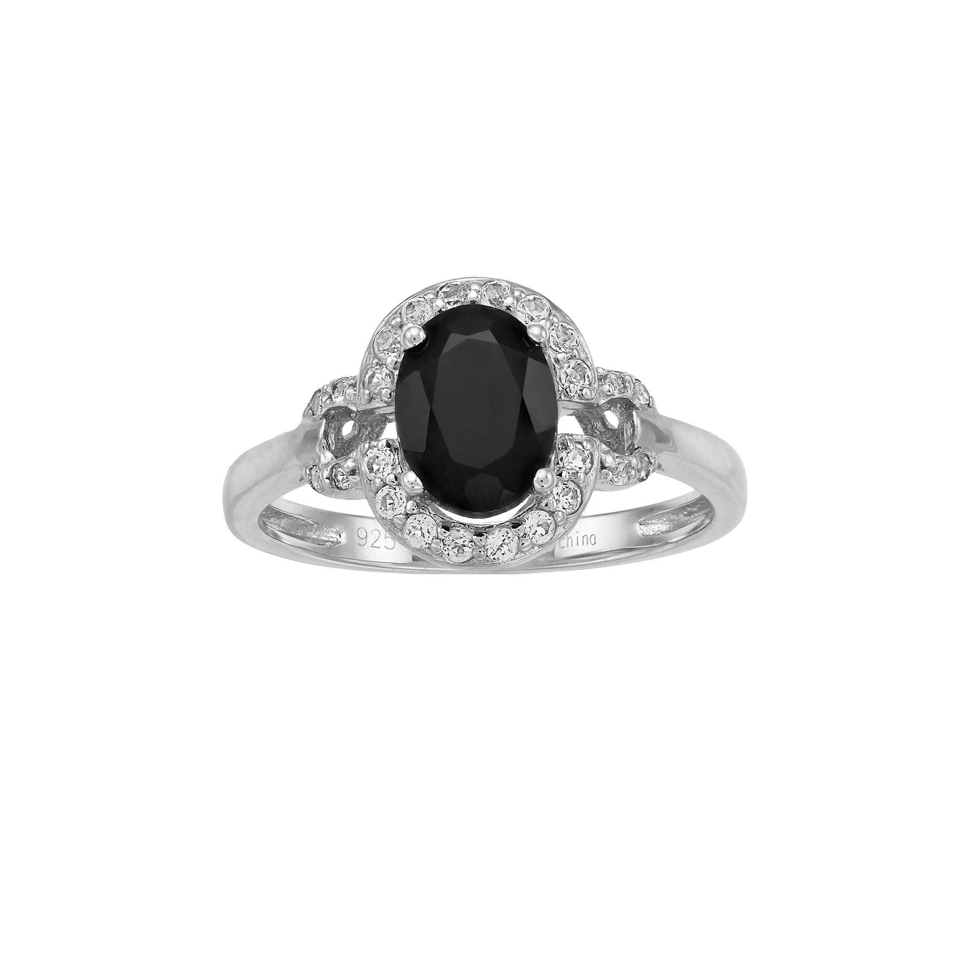 Gemminded Sterling Silver Onyx & White Topaz Oval Halo Ring, Women's, Size: 9 Product Image