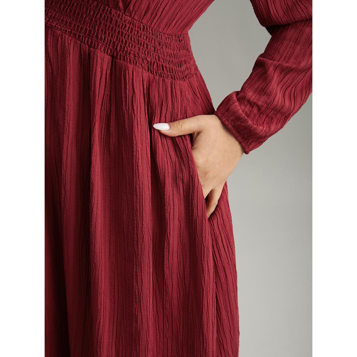 Plus Size Solid Plisse Button Detail Shirred Dress Scarlet Women Elegant Elastic cuffs V-neck Long Sleeve Curvy Midi Dress BloomChic 10/M Product Image