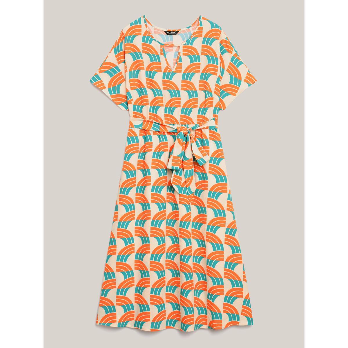 Plus Size Geometric Pattern Stretchy Waist Pockets Midi Dress Multicolor Women At the Office Belted Notched collar Short sleeve Curvy BloomChic 22-24/3X Product Image