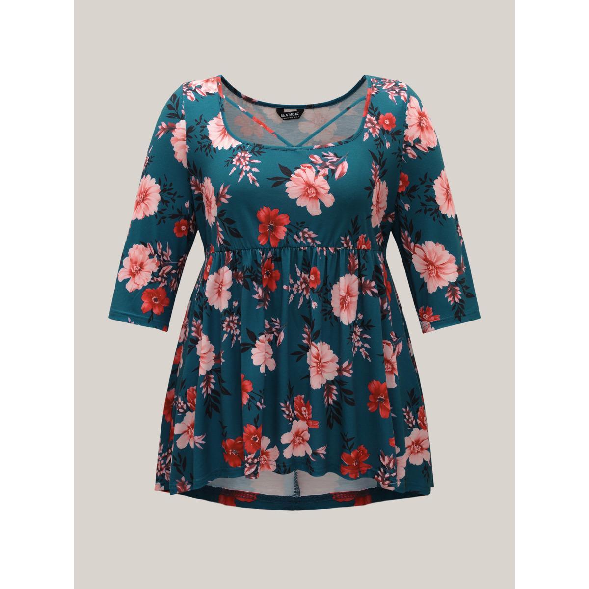 Plus Size Floral Print Neck Cut-Out Babydoll Top Multicolor Women Elegant Gathered Natural Flowers Square Neck Bodycon Everyday T-shirts BloomChic 18-20/2X Product Image
