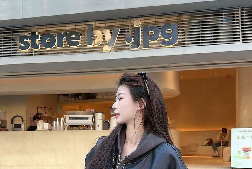 Plain Zip Hoodie / Plain Faux Leather Zip Baseball Jacket Product Image